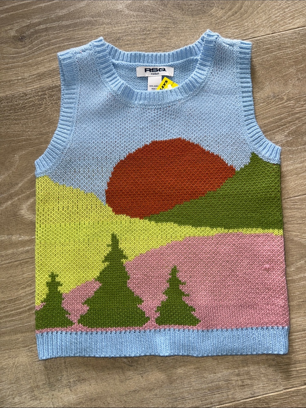 RBG Light Blue Scenic Knit Sweater Vest with Sunset Motif